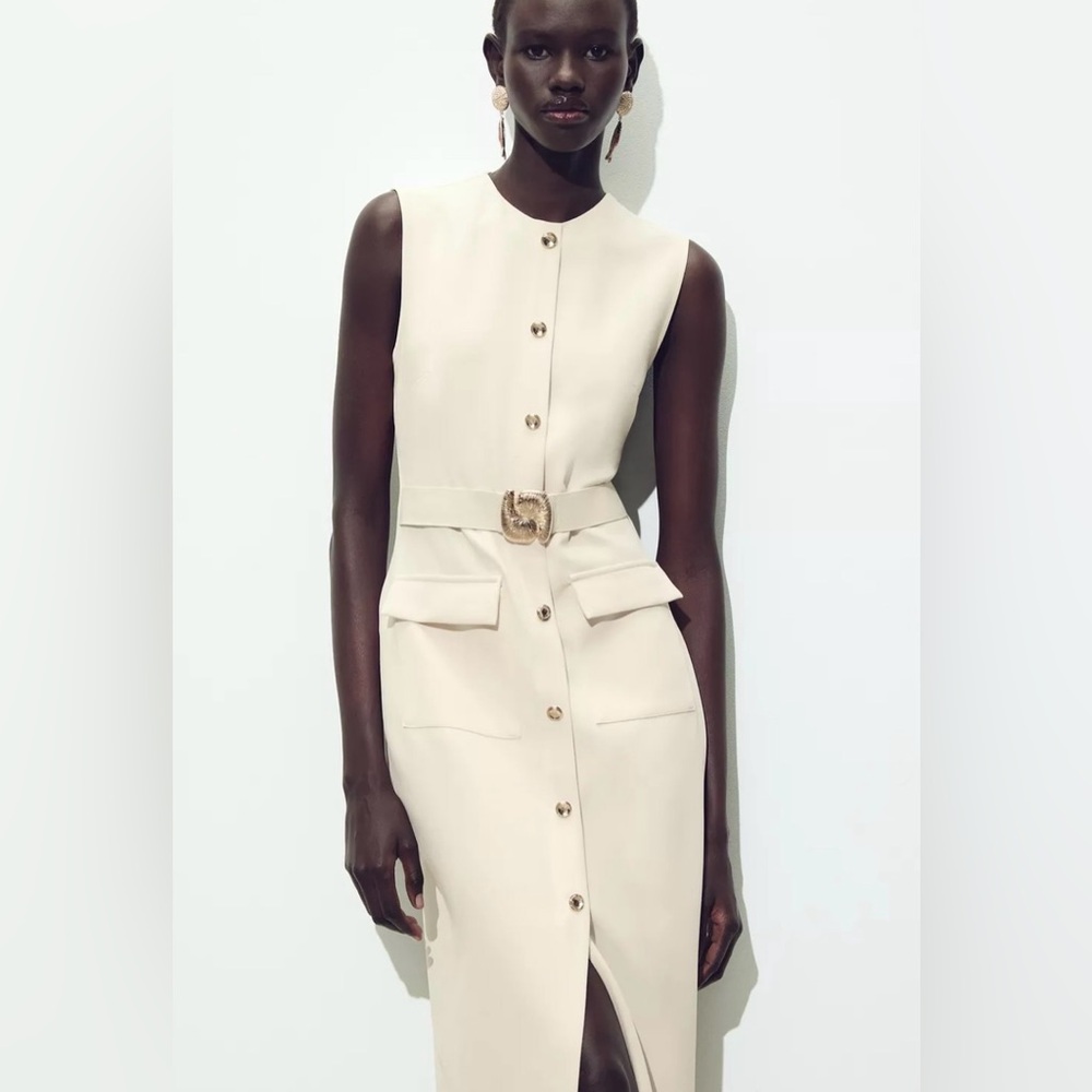 Zara NWT Elegant Cream Sleeveless Belted Midi Dress with Gold Details (Medium) - Picture 11 of 16
